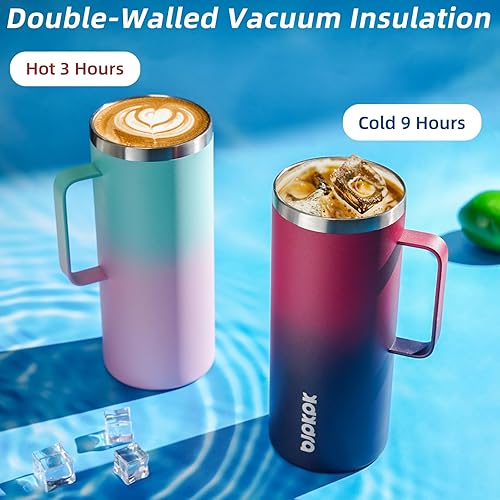 Miniatura 4 de BJPKPK Taza de café aislada con 2 tapas, vaso aislado de acero inoxidable de 32 onzas con asa, tazas de café al vacío de doble pared, taza de viaje