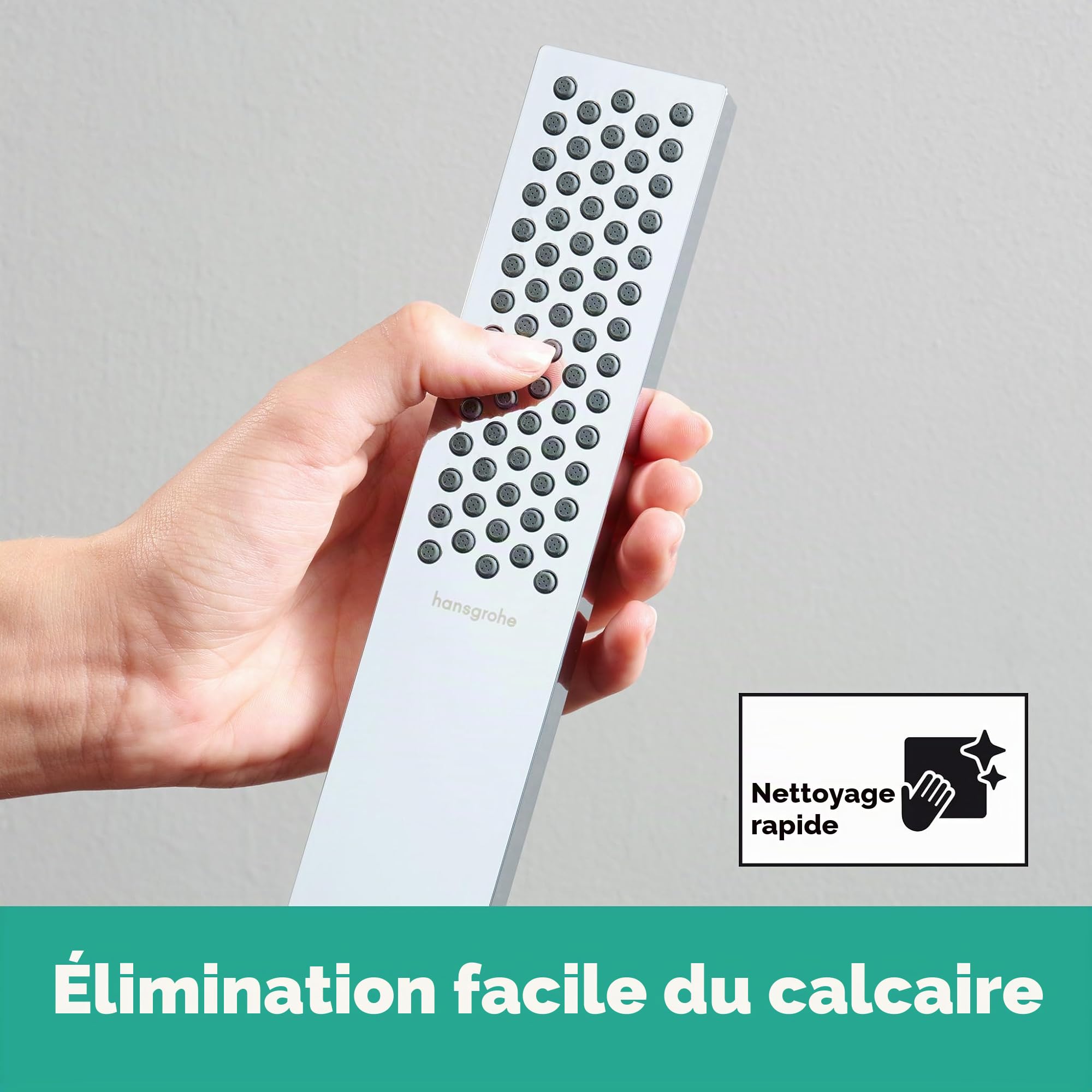 hansgrohe Pulsify E - Pommeau de douche économie d'eau avec 5 l/min (EcoSmart+), Douchette à main avec 1 type de jet (PowderRain), Douchette carré (100 x 25 mm), Chromé