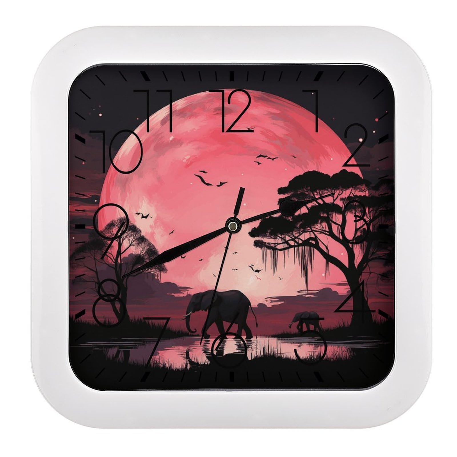 LZQPOEAS Pink Moon Elephant Square Wall Clock, 10.2 Inch Battery Operated Silent Non-Ticking Wall Clock, Square Analog Decorative Clock for Home Wall Art, Living Room, Bedroom, and Office