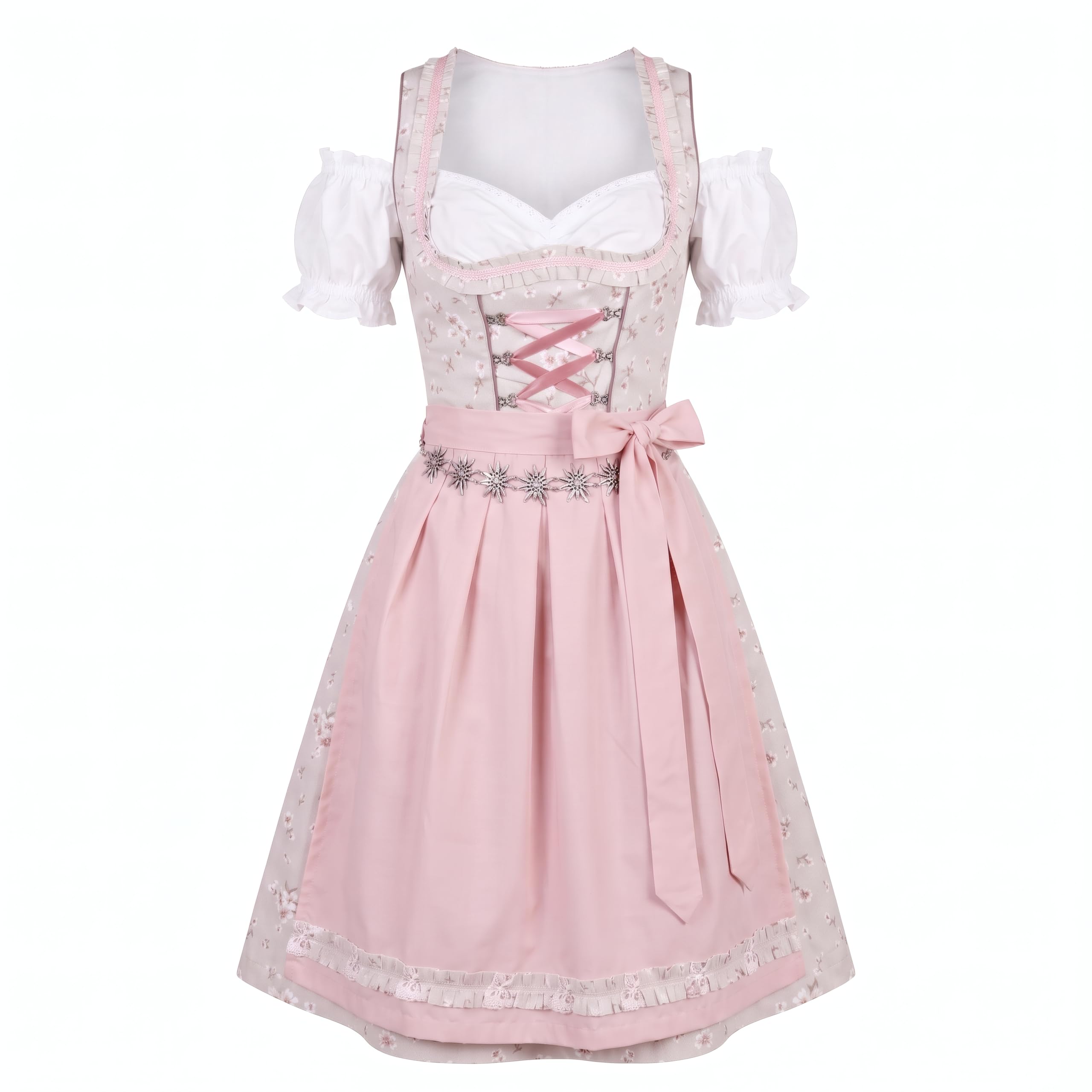 Kleid Dirndl Damen 3 TLG, Midi für Oktoberfest, mit Schürze und Bluse, 502GT