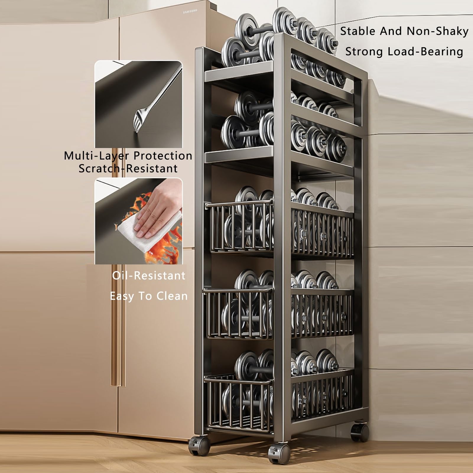 Czarny Wąski Wózek Do Przechowywania, 3/4/5 Poziomów Organizer Na Kółkach, Półka Do Przechowywania Z Wysuwanym Koszem, Do Wąskich Miejsc W Łazience(Style 3-Width 32cm)
