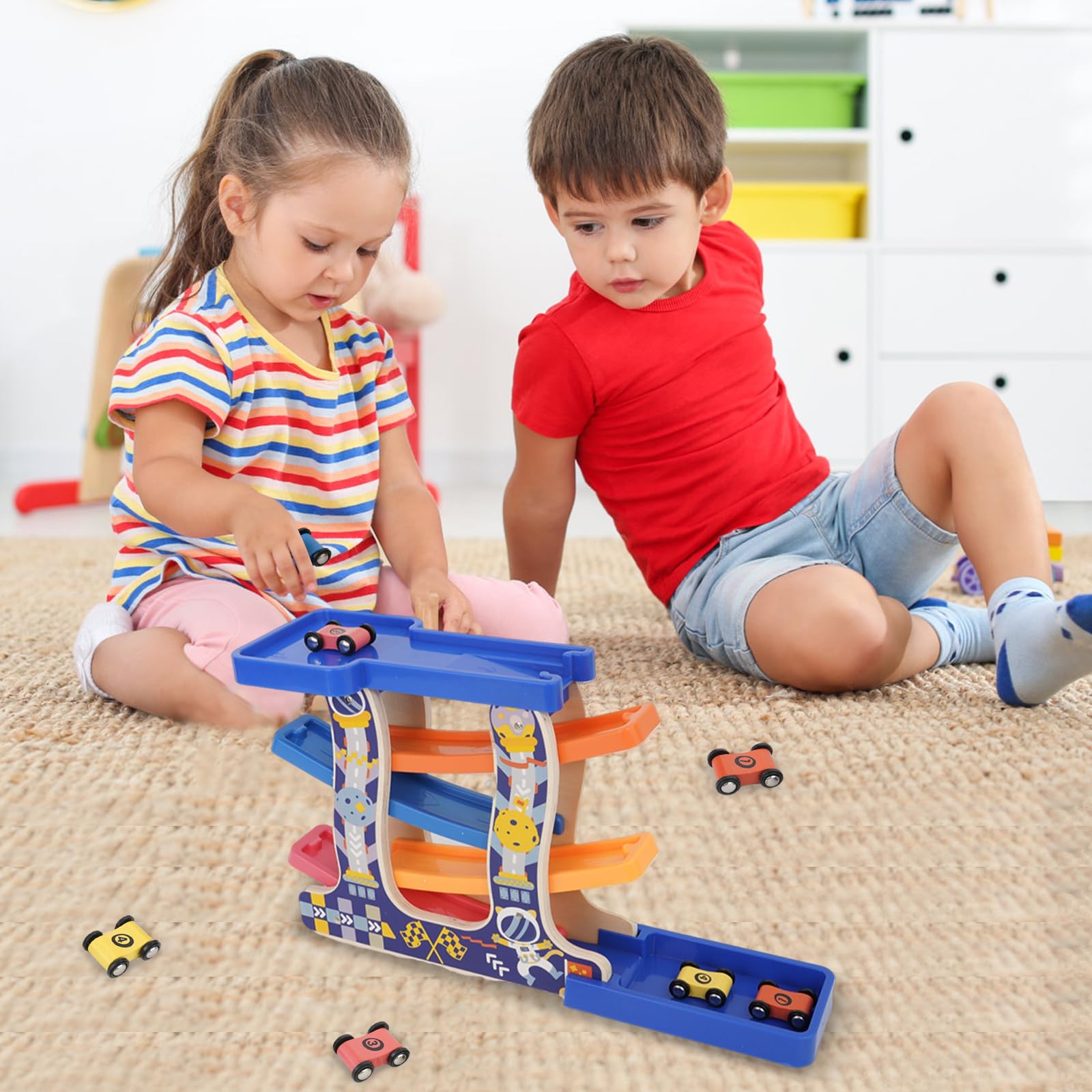 Circuit Voiture Bois 4 Voitures - Rampe Zigzag, Parking Toit - Jouet 1-4 Ans