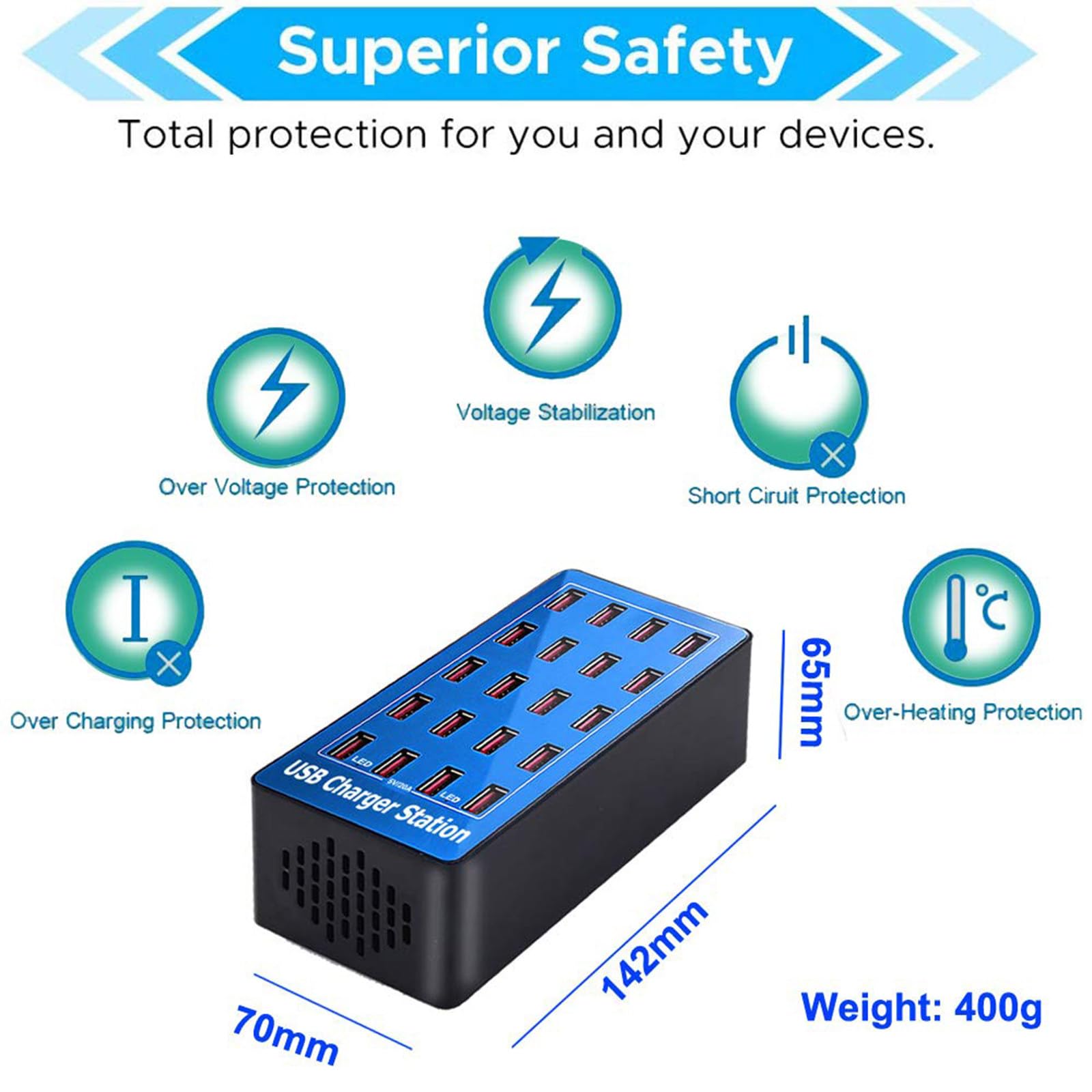 Stazione di Ricarica USB, Stazione di Ricarica USB da Tavolo a 20 Porte da 100 W, Caricabatterie Intelligente USB Multifunzione per Smartphone, Tablet, ventole USB, Mouse e tastier