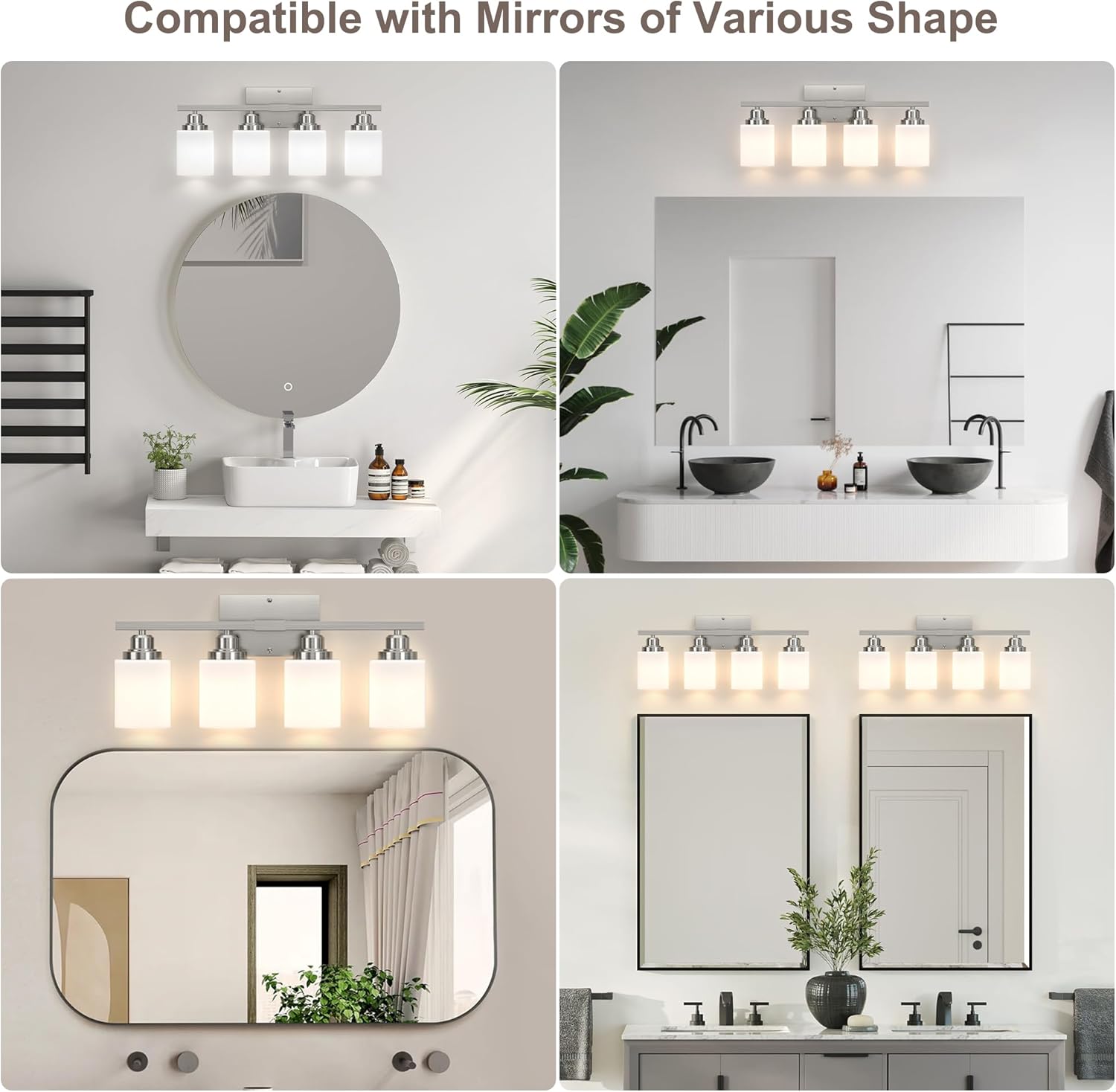 Sailstar Bathroom Light Fixtures, Brushed Nickel Vanity Light Over Mirror, 4-Light Wall Sconces with Milky White Frosted Glass Shades, Wall Lamp for Bedroom, Living Room, E26 Base (Bulbs Not Included)