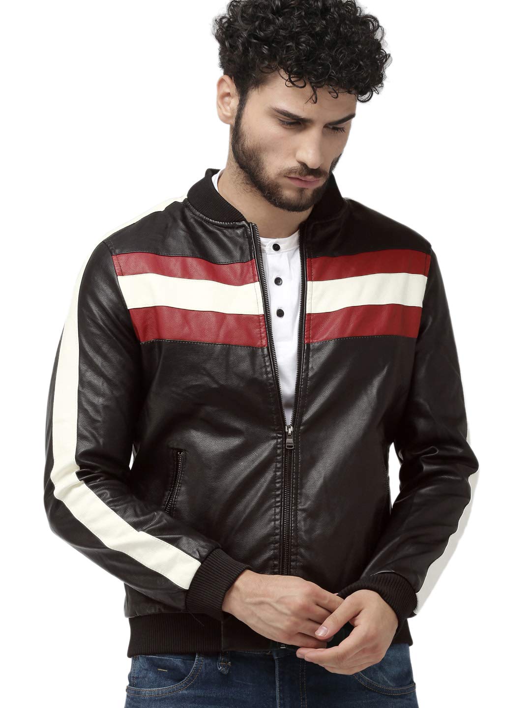 the indian garage co Men Pu Standard Length Slim Fit Colourblocked Biker Jackets-picture-42