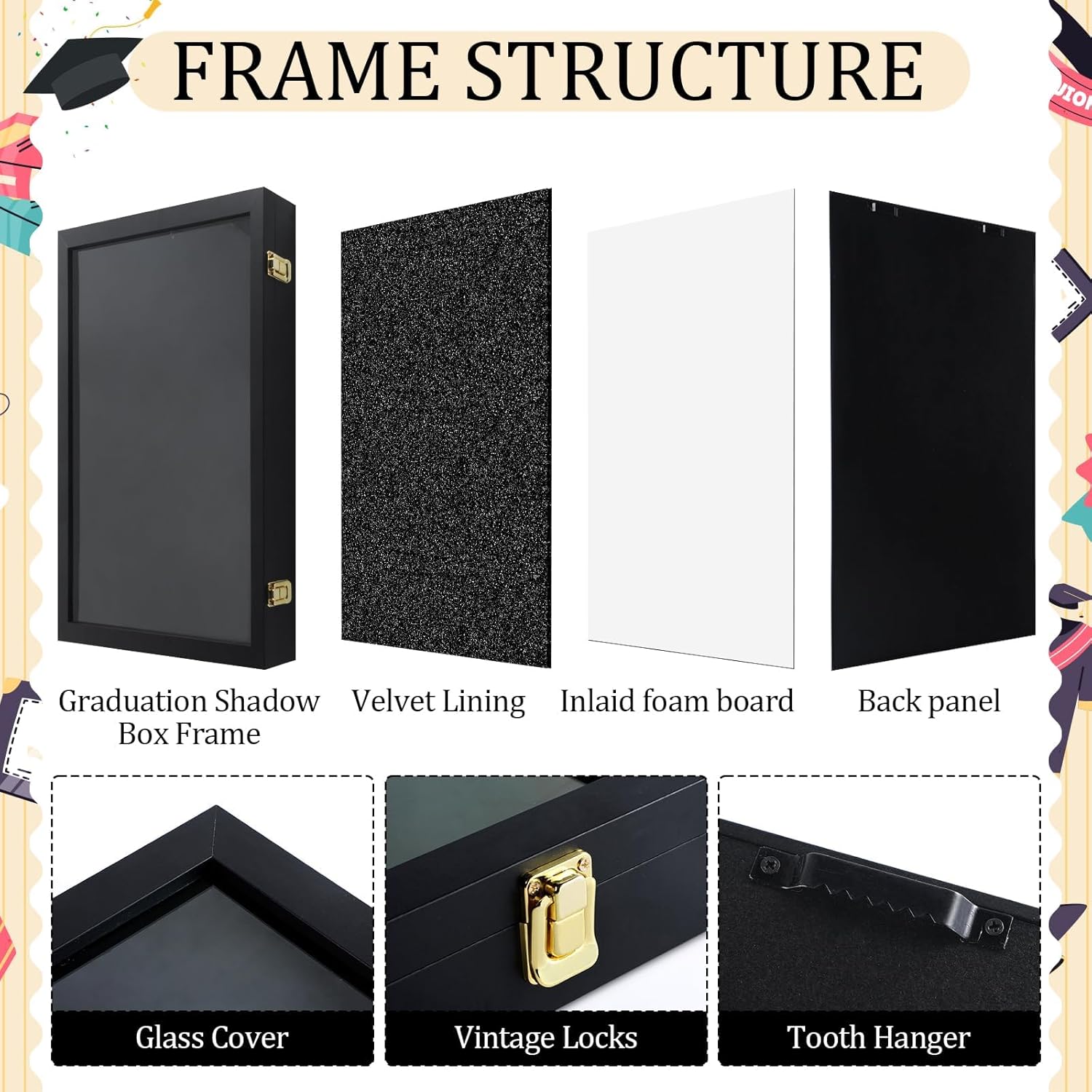 17"x21" Graduation Shadow Box Frame Large Wood Graduation Frame for Cap Gown Diploma Stole Cords Black Wood Display Case for Keepsakes with Stick Pins & Hanging Hardware for Tabletop and Wall Display
