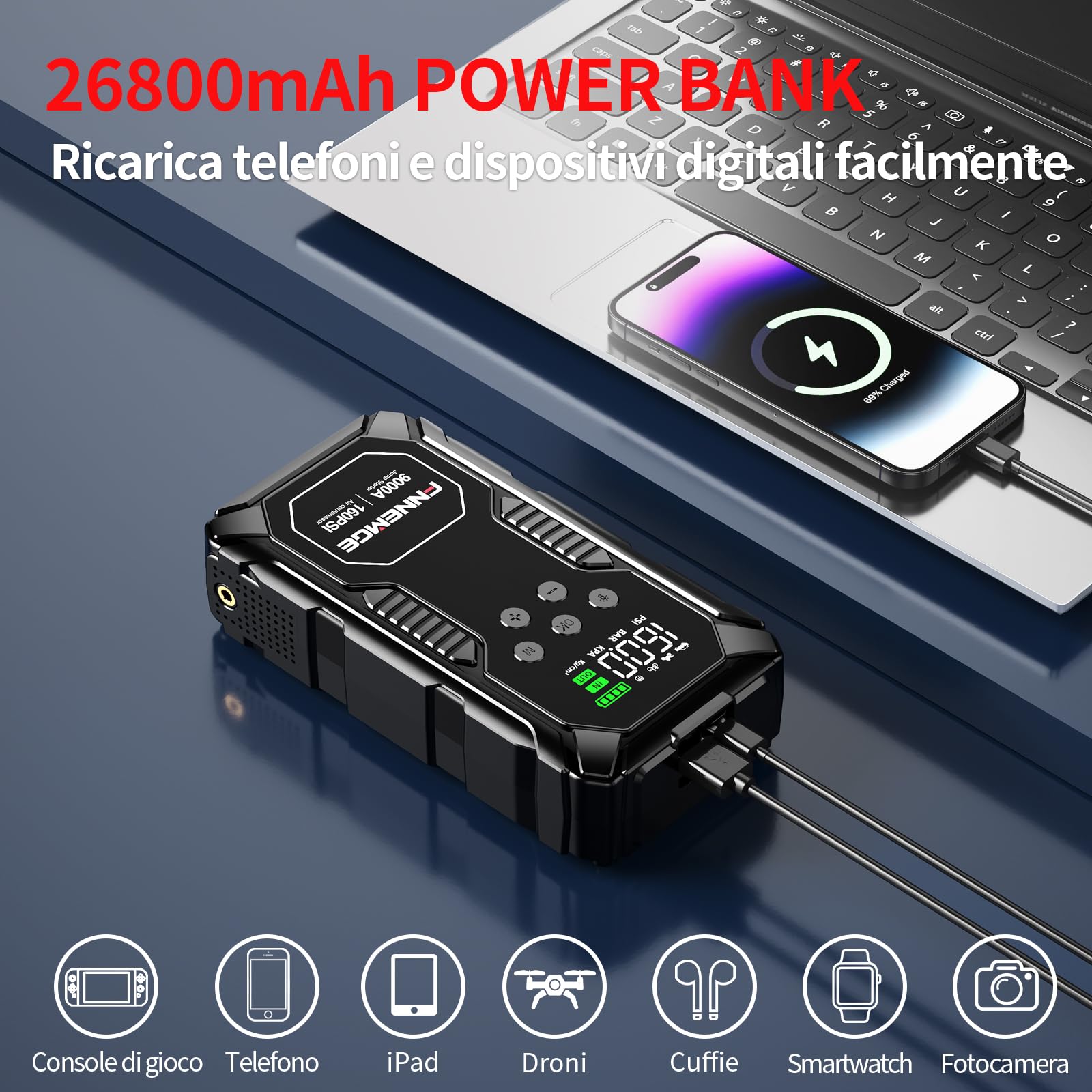 FNNEMGE Avviatore Batteria Auto, 9000A & 26800mAh & 160PSI Avviatore Emergenza per Auto con Compressore Aria (Tutti i Veicoli a Benzina o 12,0L Diesel), Avviatore di Emergenza, con di HD LCD Display.