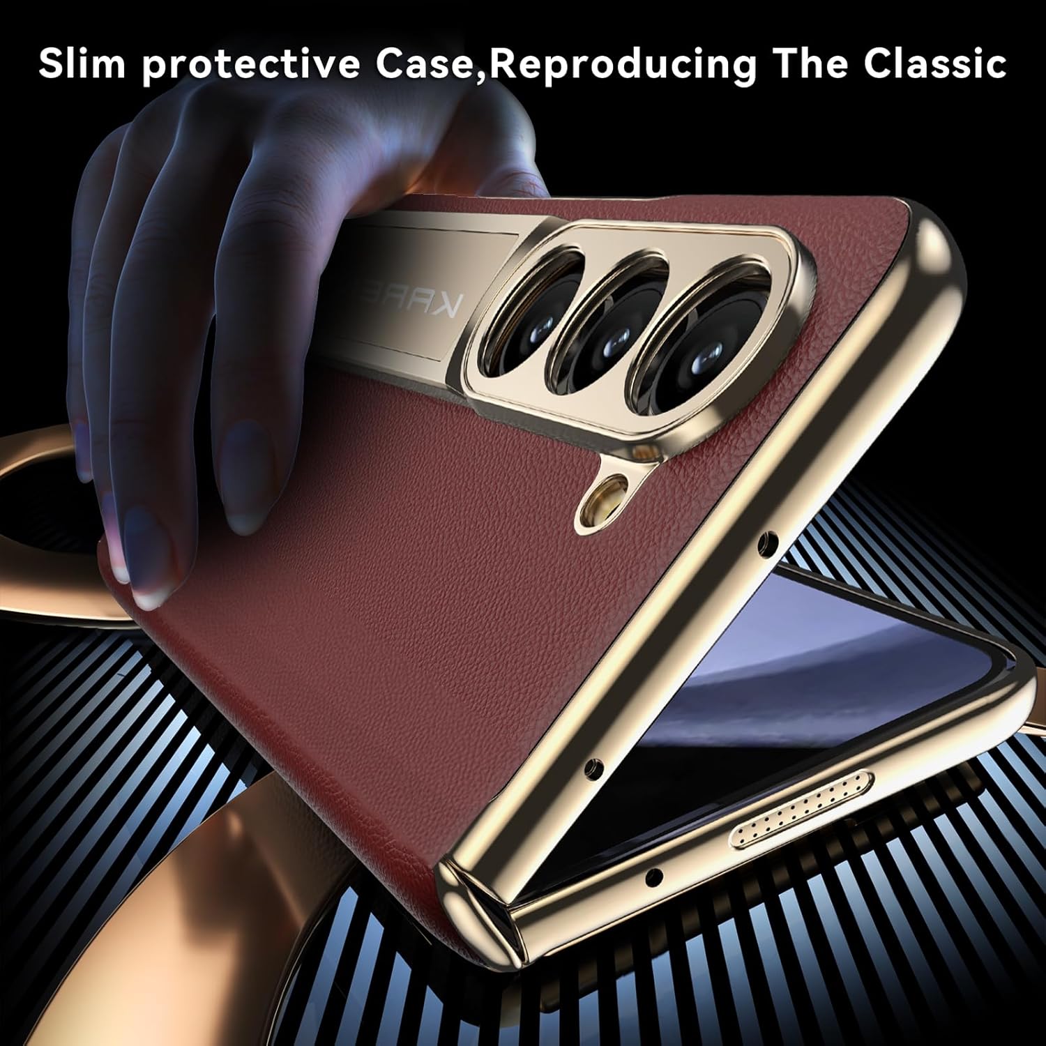 Phone Case for Samsung Galaxy Z Fold 5,Luxury Premier Genuine Leather,Full Body Hinge Protection,Built-in Screen Protector,Kickstand Slim Protective Cover for Galaxy ZFold 5 (Red)