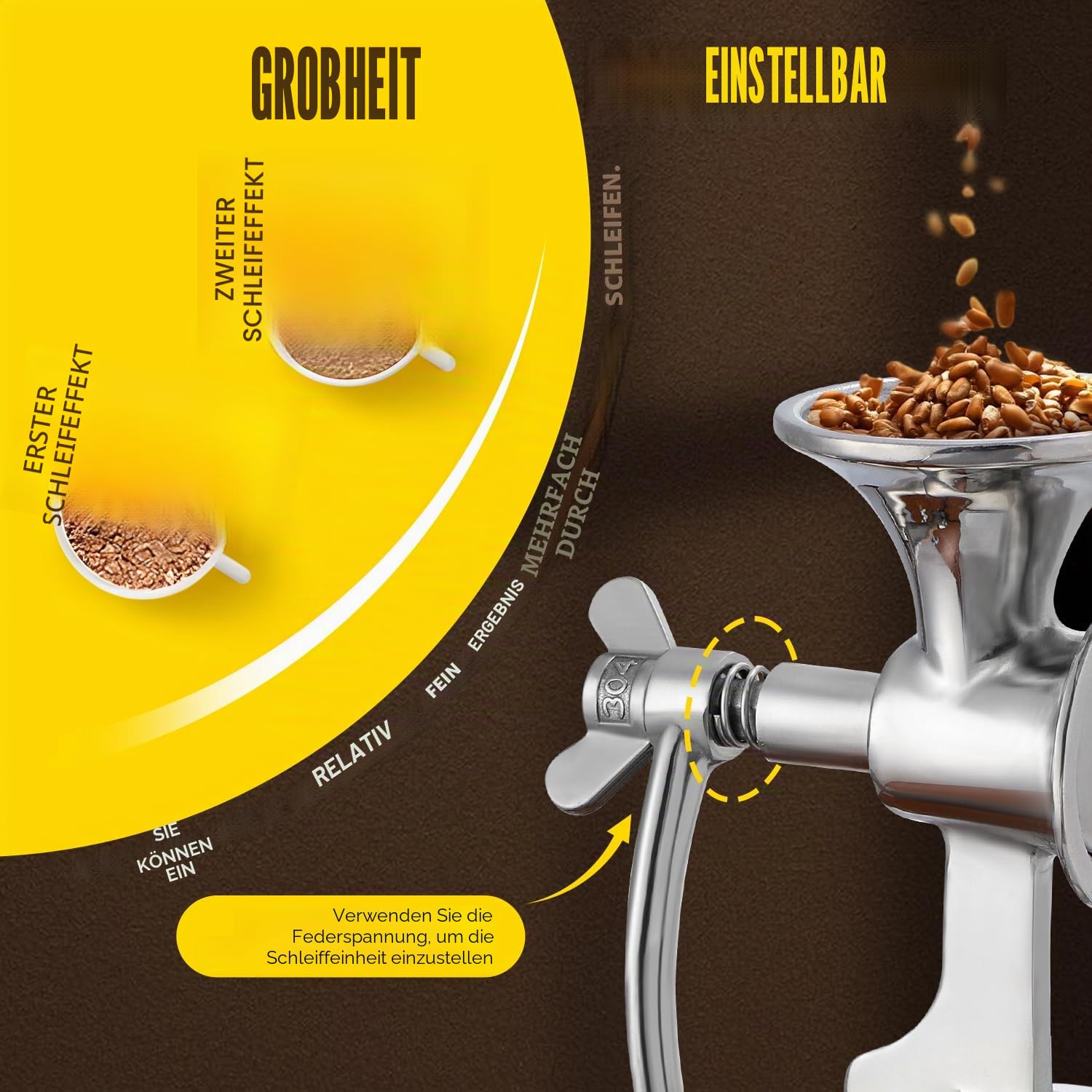 CGOLDENWALL Manuelle Getreidemühle Edelstahl Mohn Mühle Handbetriebene Kaffeemühle mit Feinheit einstellbar Frühling zum Würzen Pfeffer Mais Kichererbsen Kaffeebohnen Körner