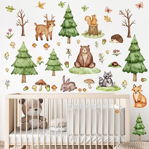 Miniatura 3 de Calcomanías de pared de animales del bosque, calcomanías de pared de animales de dibujos animados, pinos verdes, ciervos, osos, bosques, decoración