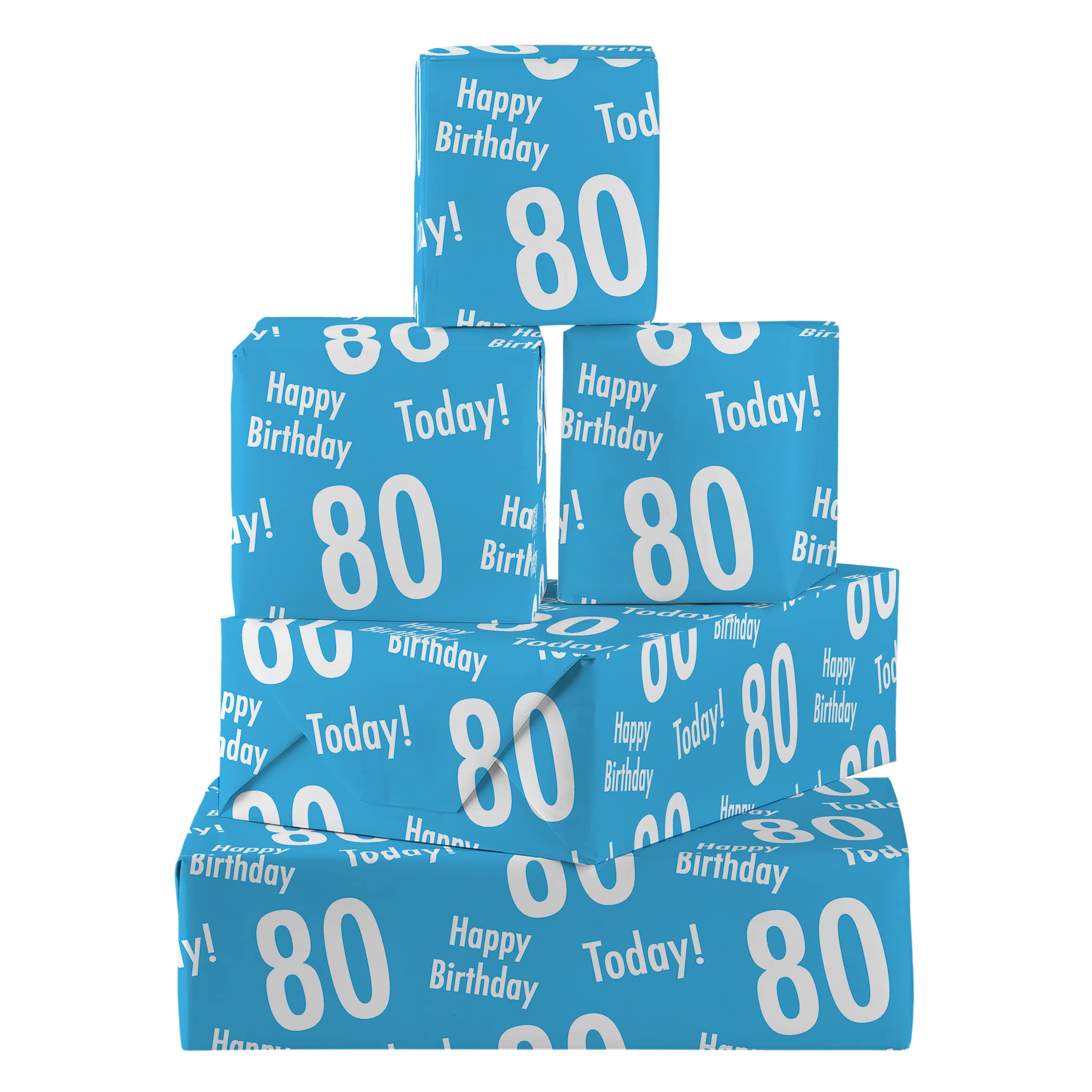 Hunts England - 5 Sheets Of 80th Birthday Blue Fun Wrapping Paper For Him - Includes 5 Gift Tags - Age 80 Male Folded Gift Wrap - Urban Colour Collection - Age Eighty Gift Wrap For Men
