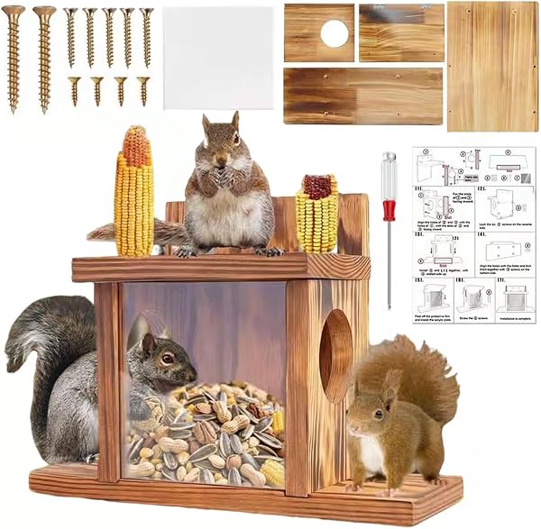 Mangeoire Ecureuil Exterieur, Mangeoire pour écureuils, Mangeoire en bois pour éc-ureuils, Maison Ecureuil, Distributeur pour Écureuils en B0is, Mangeoire à éc-ureuils en bois pour jardin arbre balcon - 1