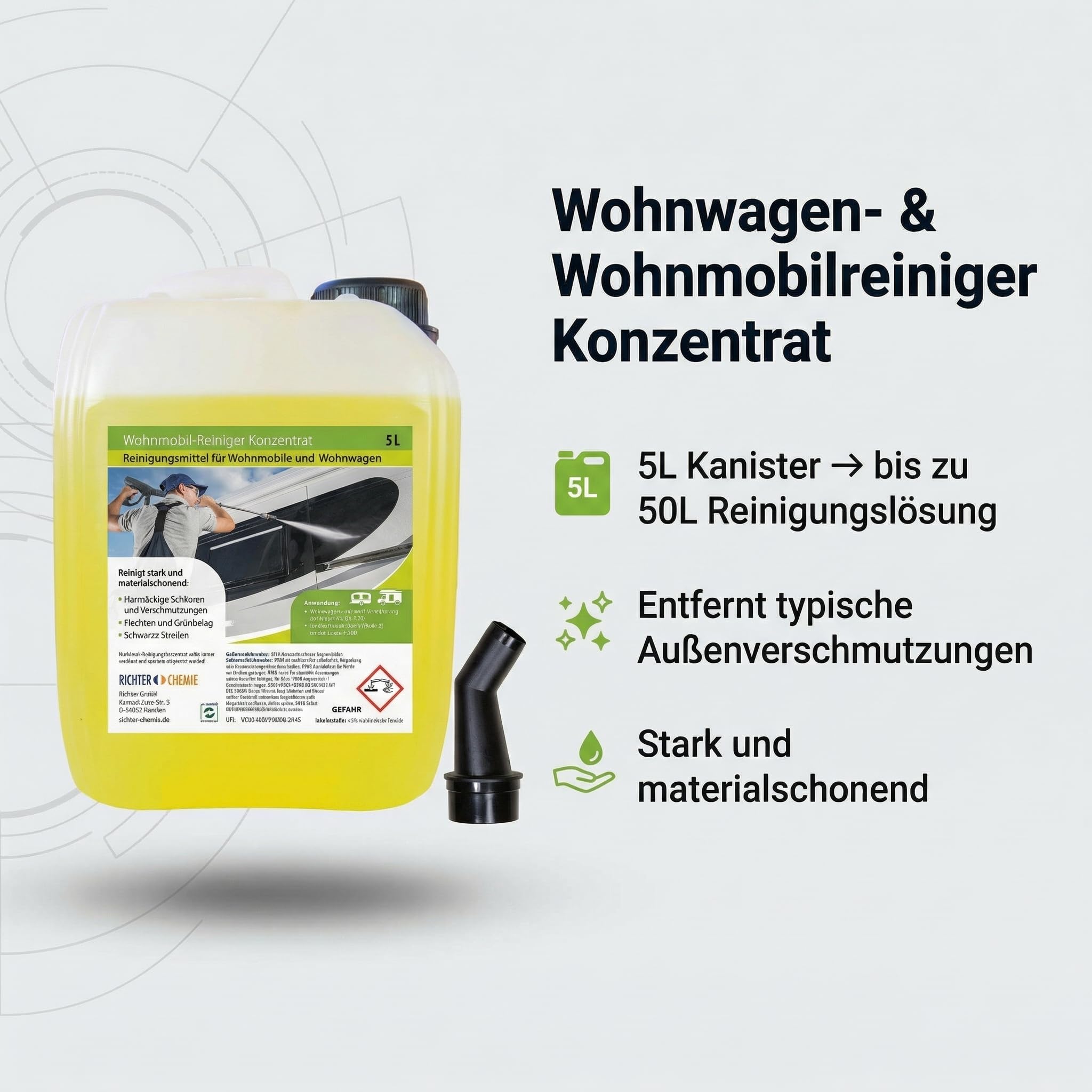 Richter Chemie Wohnwagenreiniger außen, Caravanreiniger & Wohnmobilreiniger Konzentrat, 5L Kanister, verdünnbar (bis 50 L Lösung), starke Reinigung, materialschonend, Entfernt Schwarze Streifen