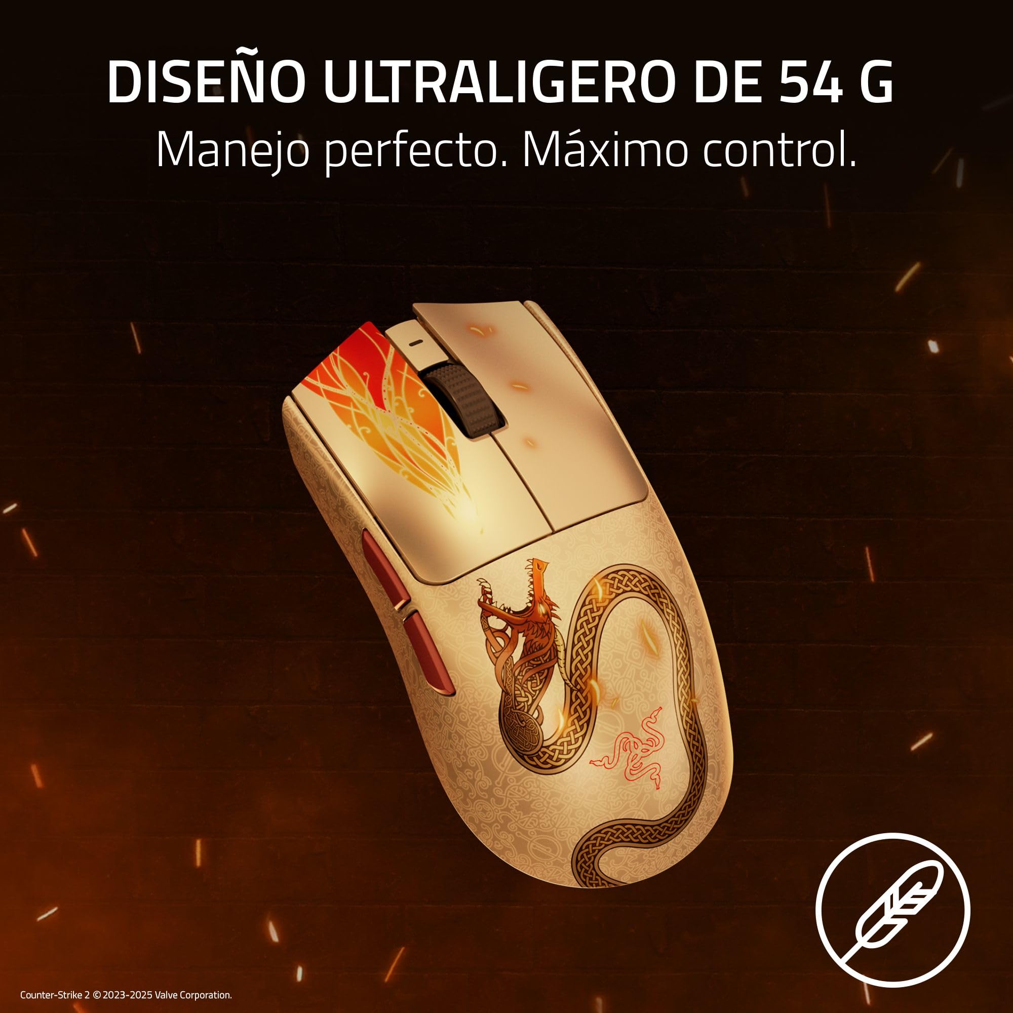 Razer Viper V3 Pro Counter-Strike 2 Dragon Lore - Ratón inalámbrico Ultraligero para Juegos Esports - 55g - HyperPolling 8K - Sensor 35K PPP - 2,4 GHz HyperSpeed - 95 Horas - PC/Mac | Dragon Lore