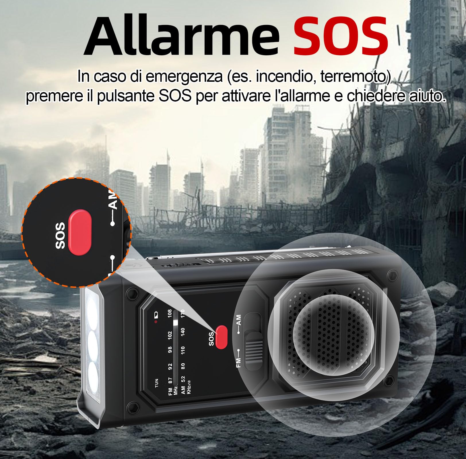 Radiolina a Manovella, AM/FM Solar Raio con Torcia LED, Allarme SOS, Radio di Emergenza Portatile con Batteria Ricaricabile da 2000 mAh per Ourdoor Campeggio Emergenza, Nero