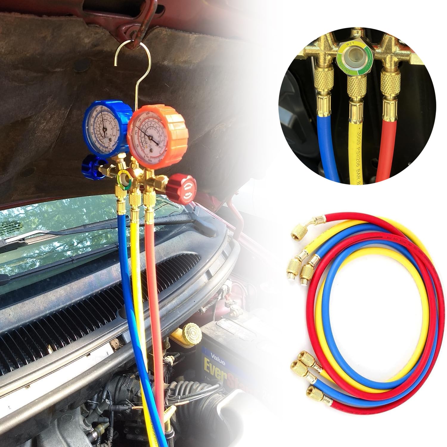 60inch/150cm Tubo di riempimento per refrigerante aria condizionata (600-3000Psi) per R134a R12 R2 R502, fluoruro AC tubo di riempimento 1/4" SAE filo di segnalazione (3 colori)
