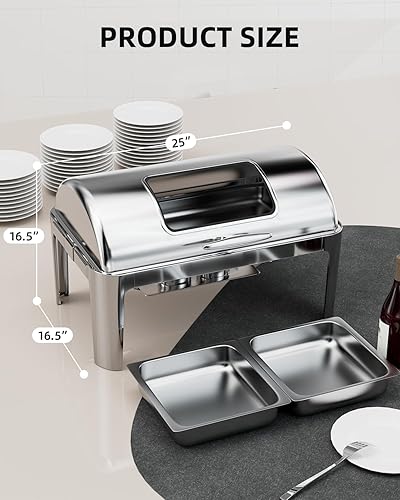 Miniatura 4 de Juego de bufé de 9 cuartos de galón, de acero inoxidable para catering, calentadores de alimentos, 1 plato rectangular de tamaño completo y 2 de