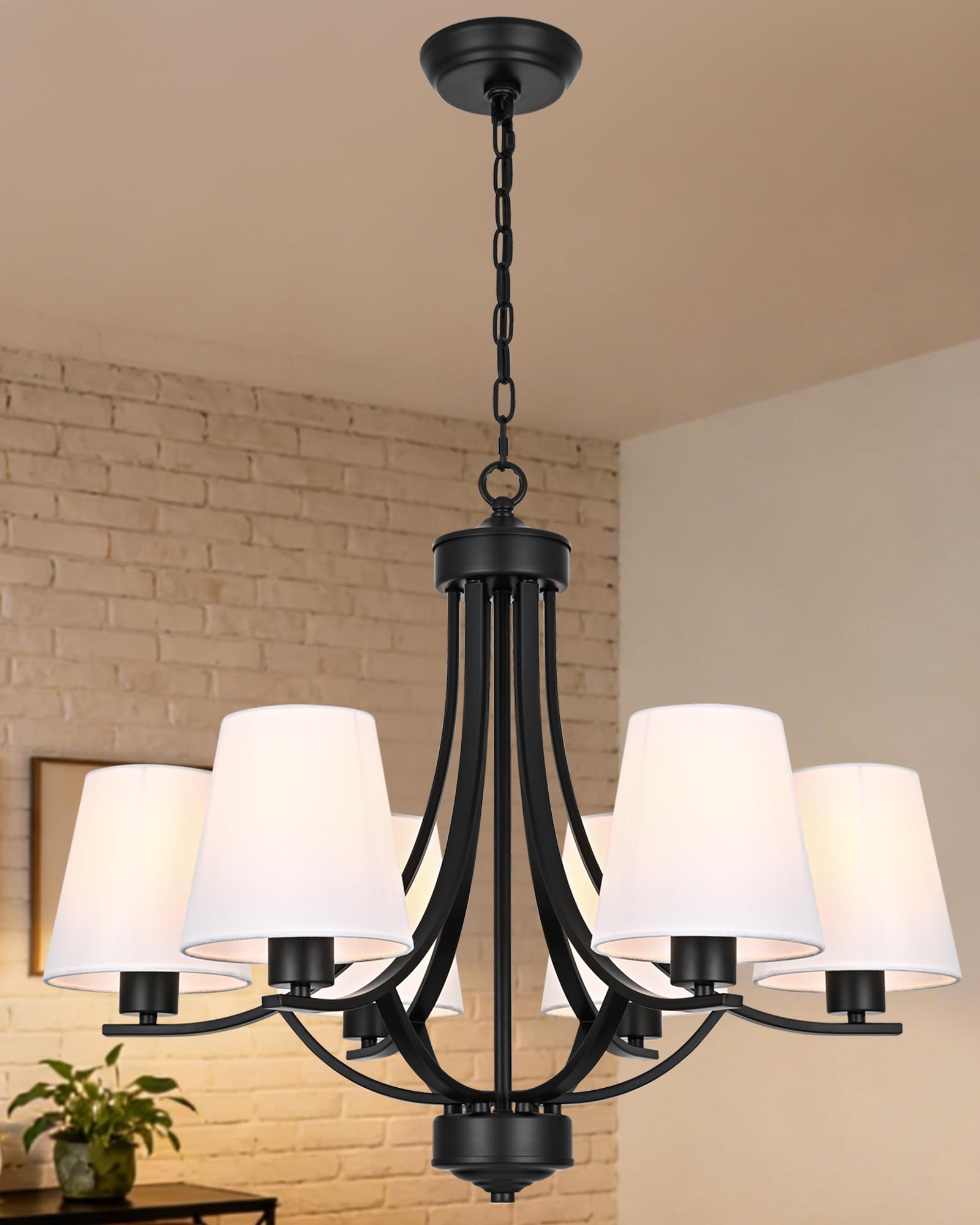 VINLUZ Farmhouse Chandeliers 6 Light Black Contemporary Pendant Lighting Rustic Dining Room Lighting Fixtures Hanging with White Fabric