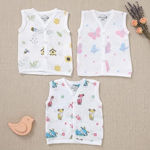 Cloud Nest 100% Cotton Muslin Jabla for Newborn Baby (0–3 Months) | Ultra Soft, Breathable Sleeveless Vest | Front Open Sn...