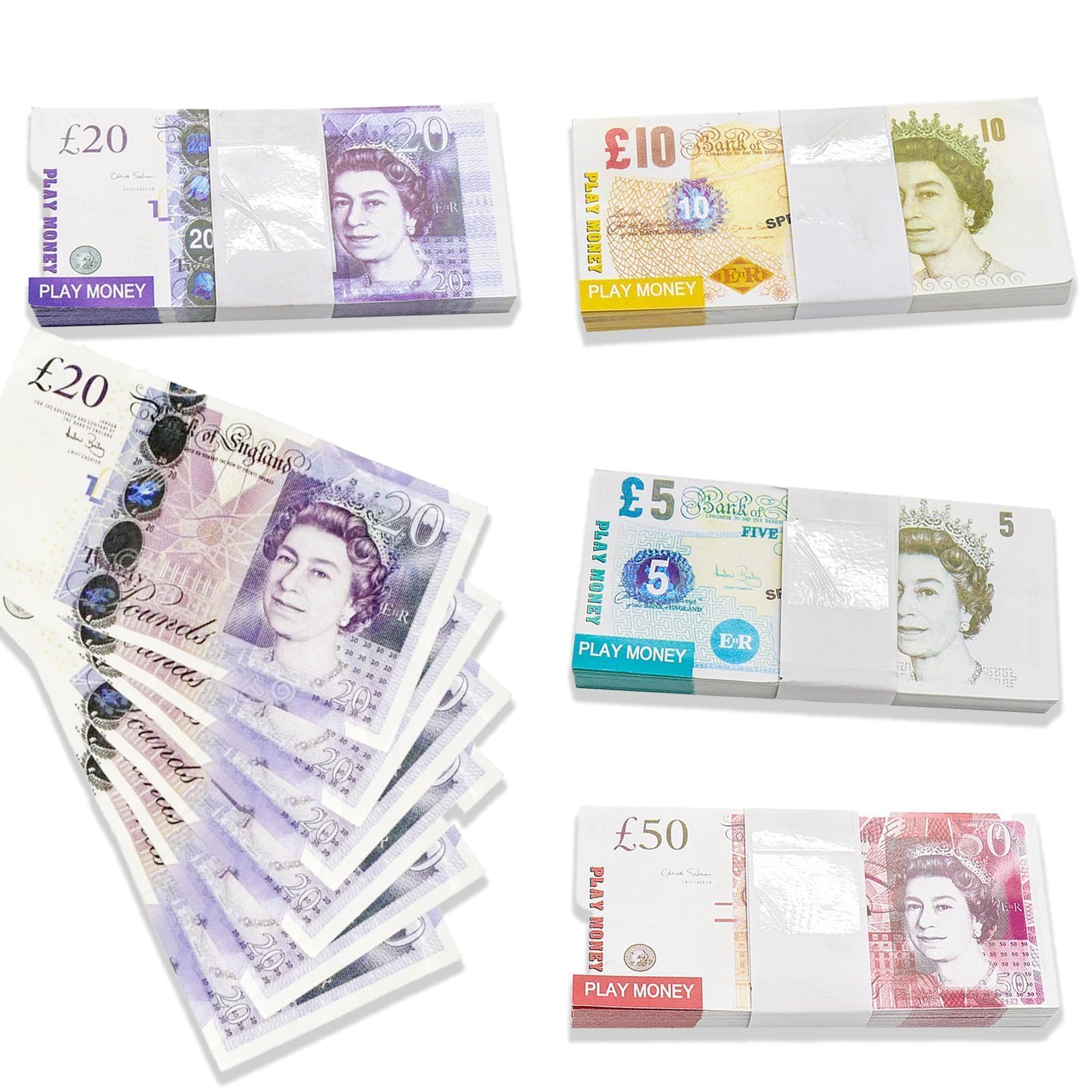 100 Pcs Fake Money Notes, Prop Money UK, Play Money Educational Toys for 3+ Year Olds, Four Denominations, Fake Notes for Pranks, Play Board Games（The Product Size Is Small, Please Buy with Caution）