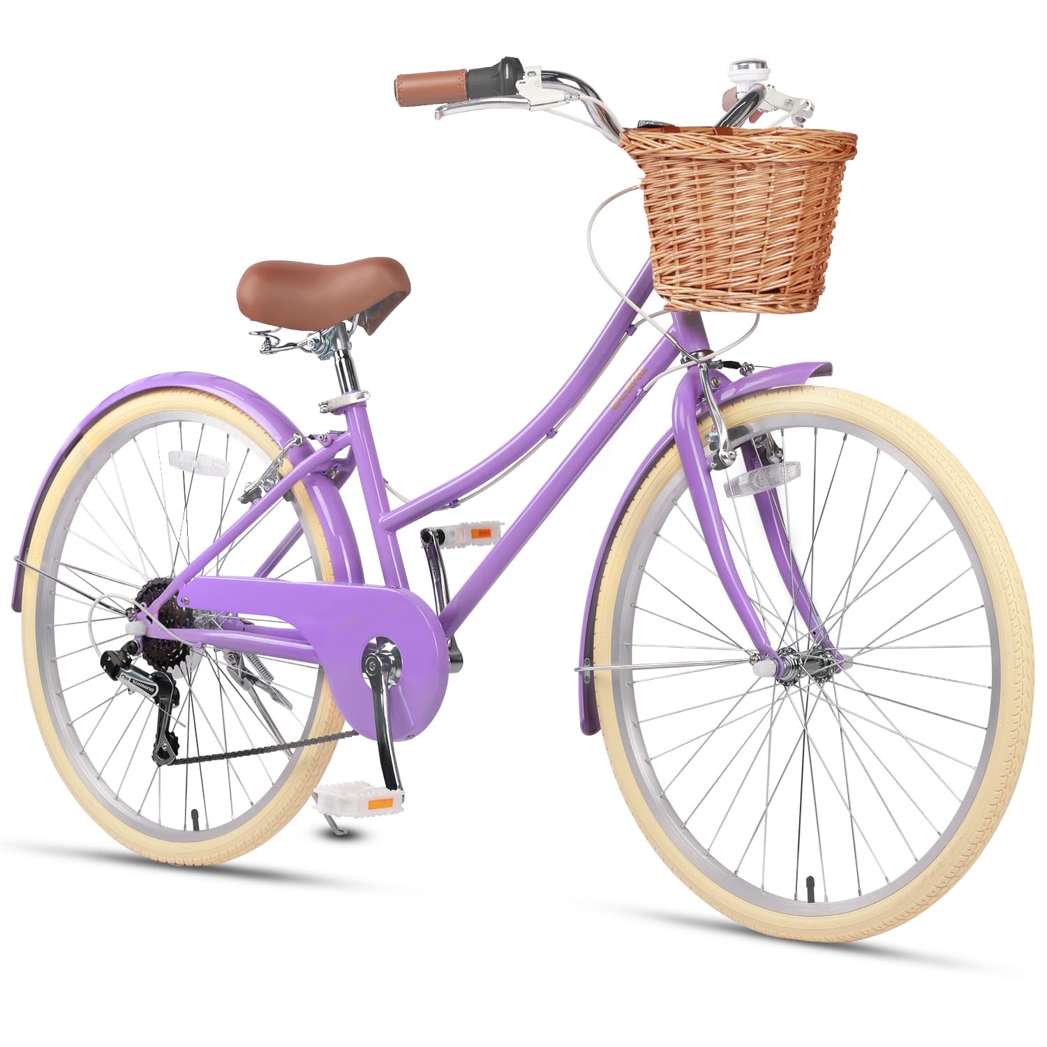 Glerc 20 24 26 Inch Beach Cruiser Bike, 6-Speed Hybrid City Bicycle for Girls Youth and Over 6 Years Old, Missy Bike with Wicker Basket & Lightweight, Multiple Colors