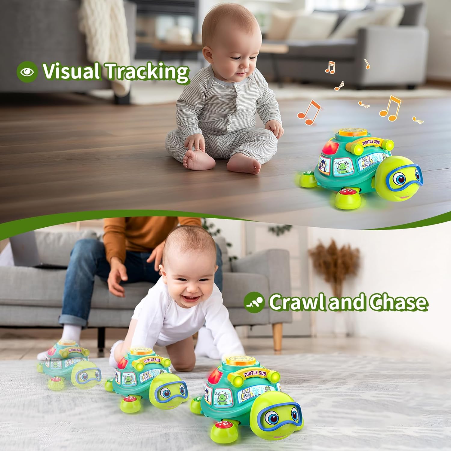 ToddlerCley Baby Toys 6-12 Months, Musical Turtle Baby Crawling Toys 7 8 9 10 Months, Light up Infants Tummy Toy, Bilingual Educational Turtle, Gifts Present for Christmas Baby 4 5 6 12 Month Green