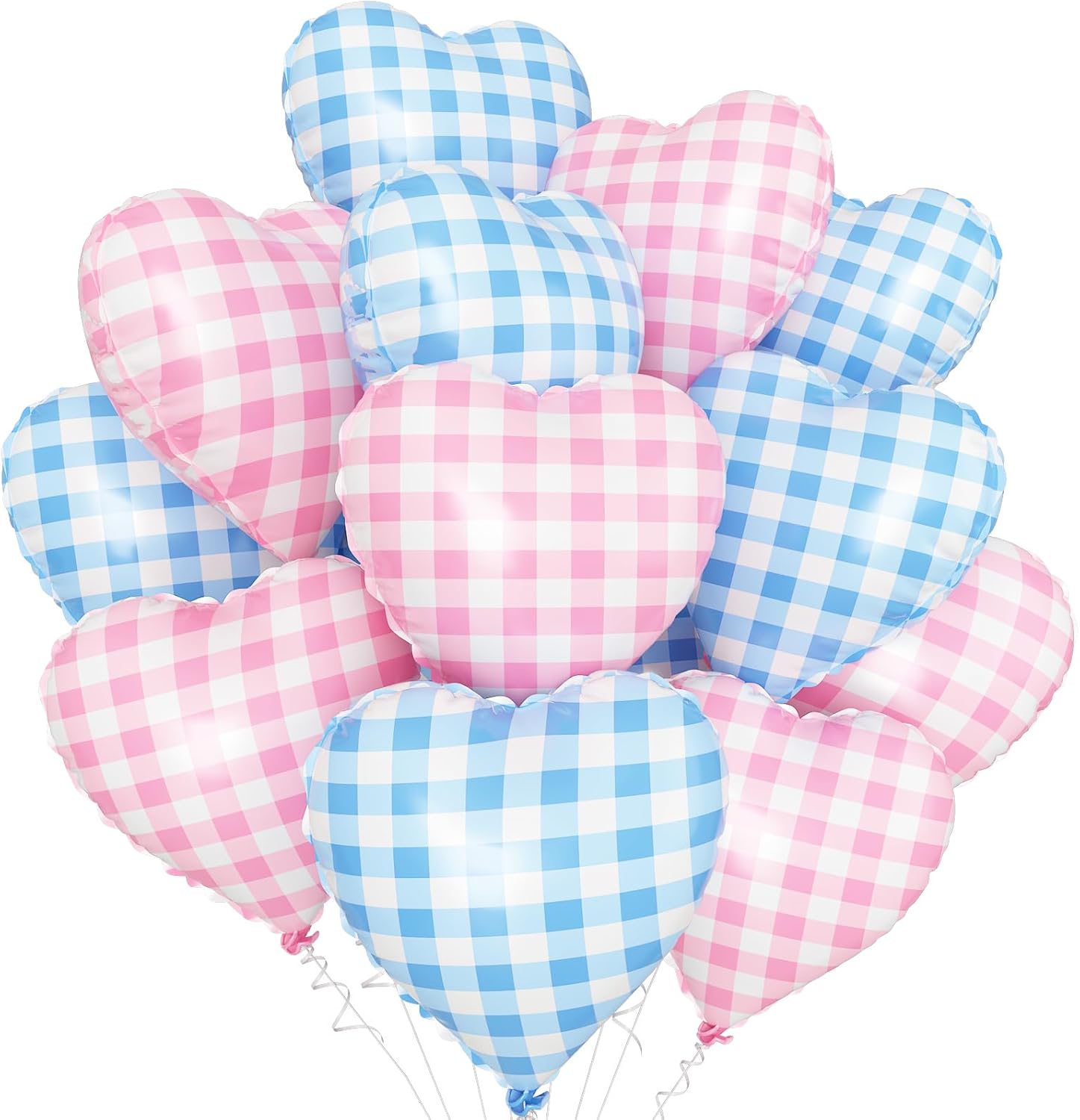 Blue White Checkered Heart Balloons,12Pcs 18Inch Light Blue Grid Heart Shaped Foil Helium Polyester Film Balloons for One Silly Goose Birthday Baby Shower Party Decorations