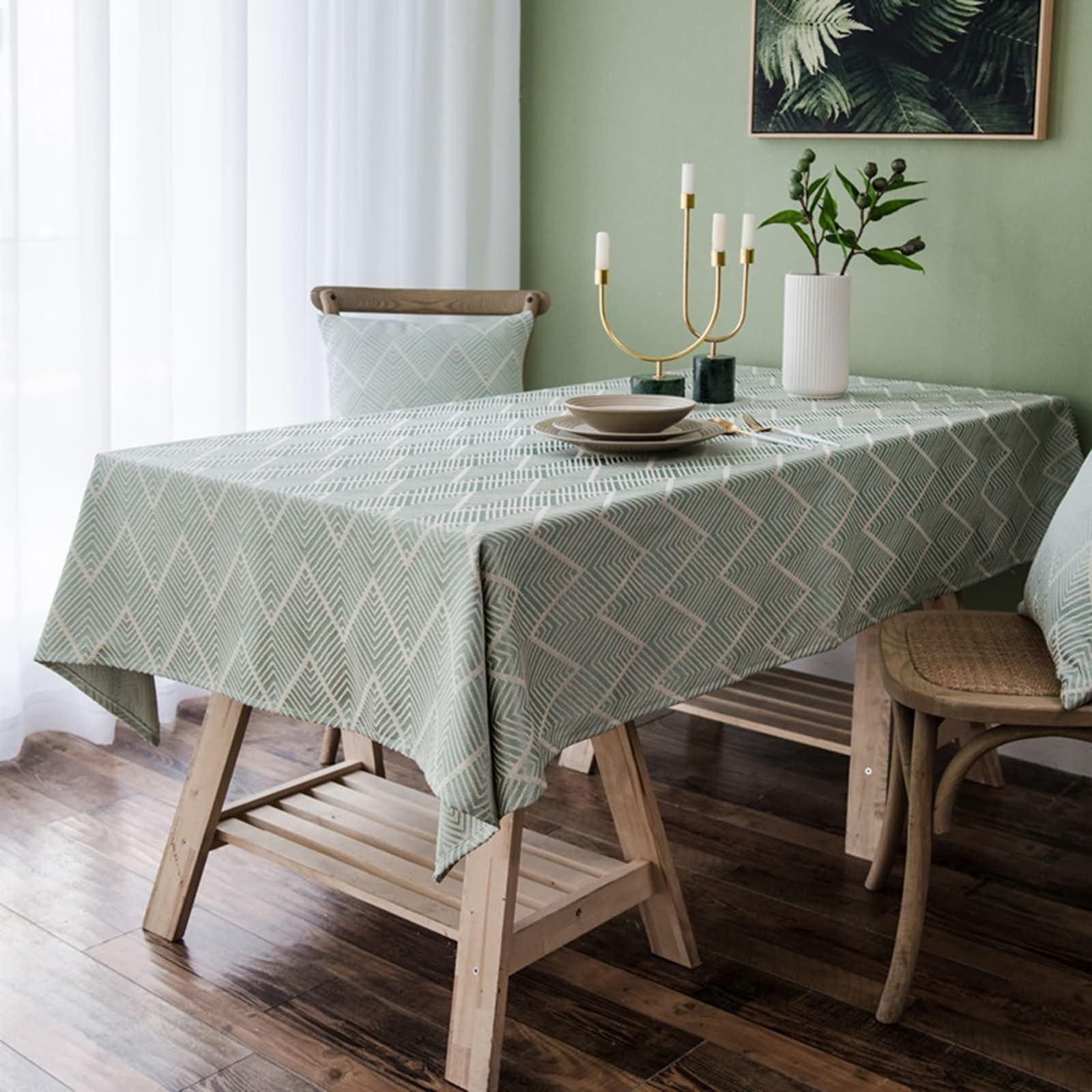 Mantel Rectangular Verde Claro Jardín, Rayas Onduladas, de Poliéster Fácil de Limpiar, 135 x 260 cm, Mantel para Cafetería