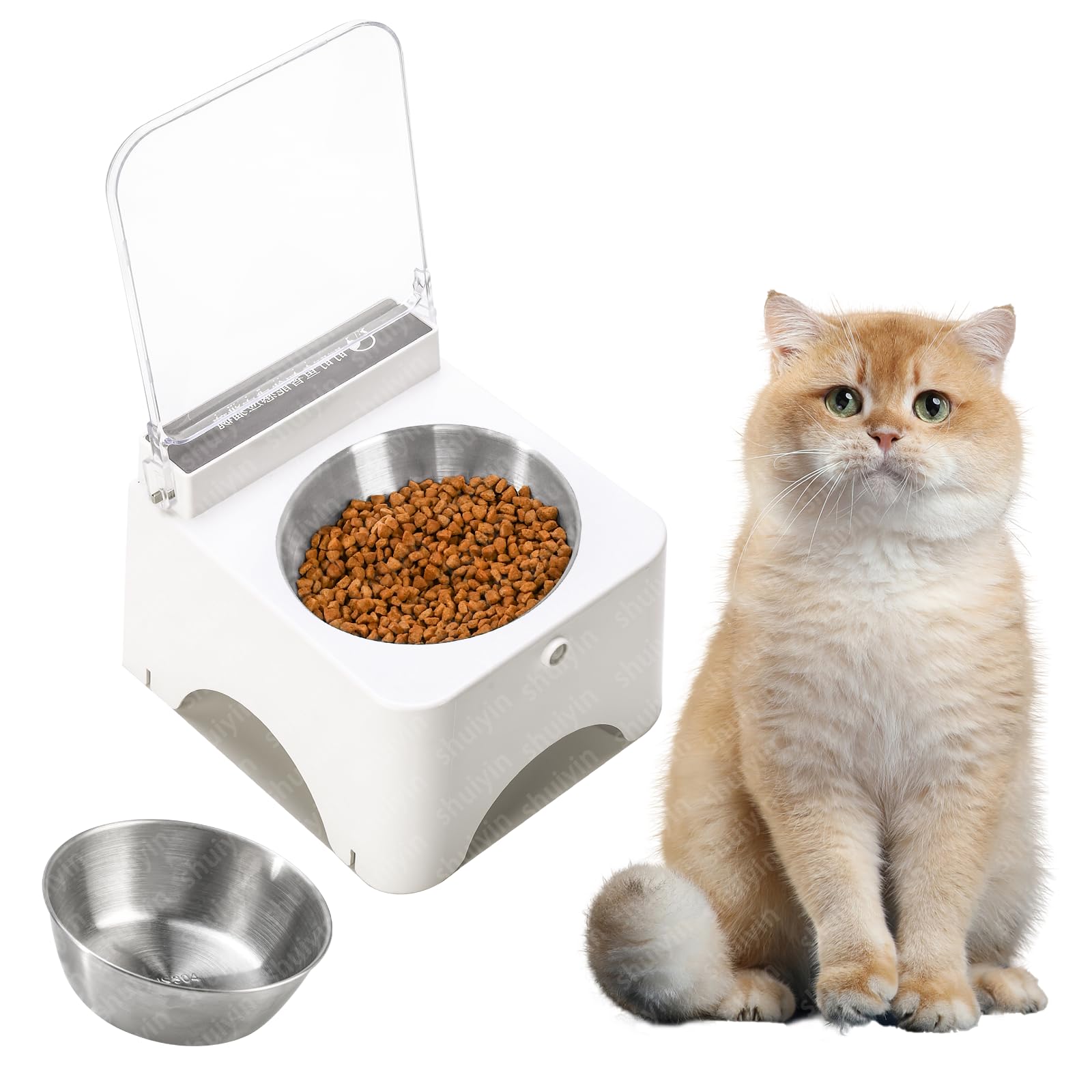 PICKFUN Dustproof Wireless Infrared Sensor Flip Top Cat Food Bowl - Automatic Cat Feeder for Indoor & Camping, Elevated, No Spill, Non-Slip, Raised Stainless Steel Food & Water Dog Bowl