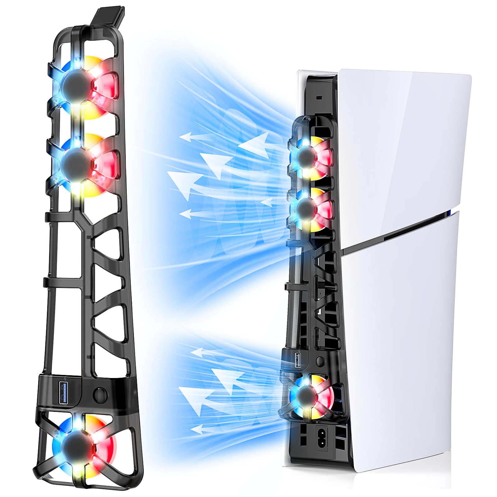 FASTSNAIL RGB Cooling Fan for PS5 Slim Console, Automatic Fan Speed Adjustable by Temperature, Auto Power On/Off, Low Noise Cooling System with RGB