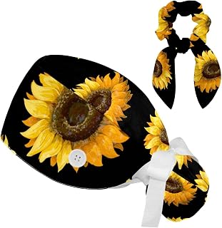 FVQL 2 Pieces Surgical Cap for Long Hair Scrub Cap with Hairband Nurse Cap, Art Seamless Pattern Sunflower