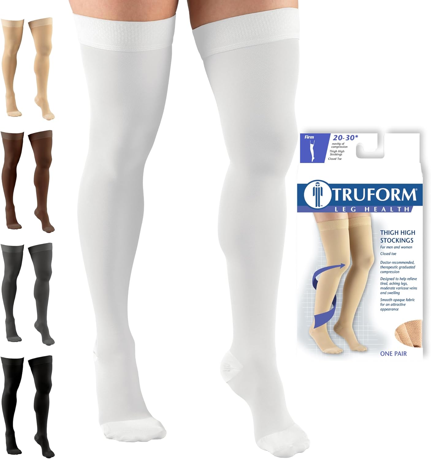 Truform 20-30 mmHg Compression Stockings for Men and Women, Thigh High Length, Dot Top, Closed Toe, White, X-Large