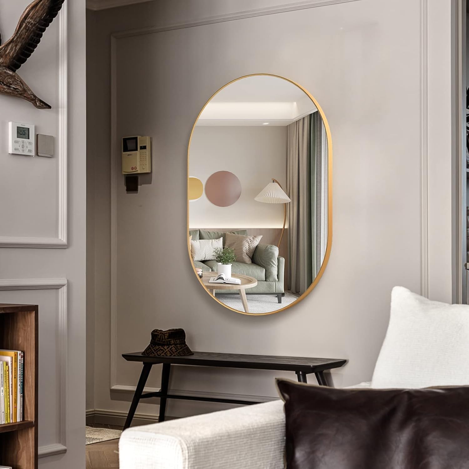 BKSXSOP Wall mounted oval mirror, horizontal/vertical makeup shaving bathroom aluminum frame decorative dressing table hanging mirror for living room, bedroom, corridor