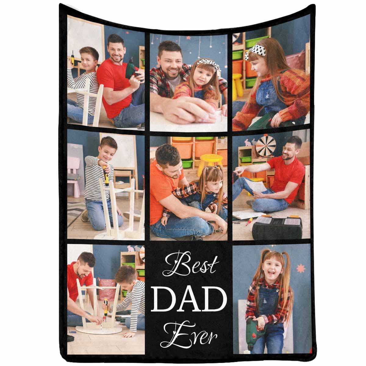 InterestPrint Customized Blanket Gifts for Dad,8 Photos Best Dad Ever Word Black Blanket Personalized Blanket to Dad from Daughter Kids for Father's Day, Birthday Gifts for Men 30x40