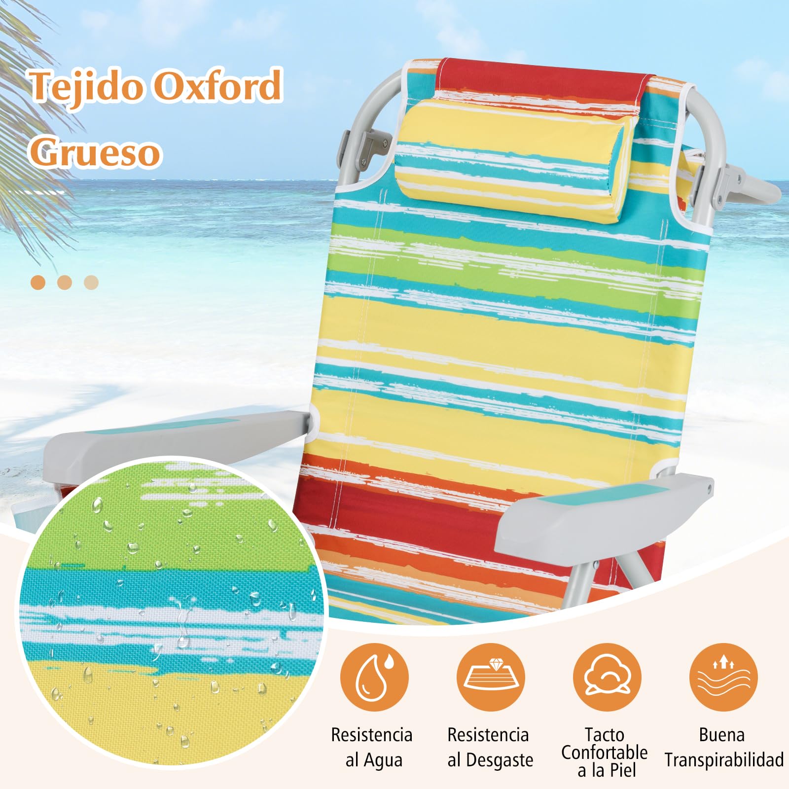 GIANTEX Silla de Playa Plegable con Bolsa de Almacenamiento, Bolsillos Laterales, Reposacabezas y Soporte para Toallas, Respaldo Ajustable 5 Niveles (2, Rayas Coloridas, 65 x 66 x 78 cm)