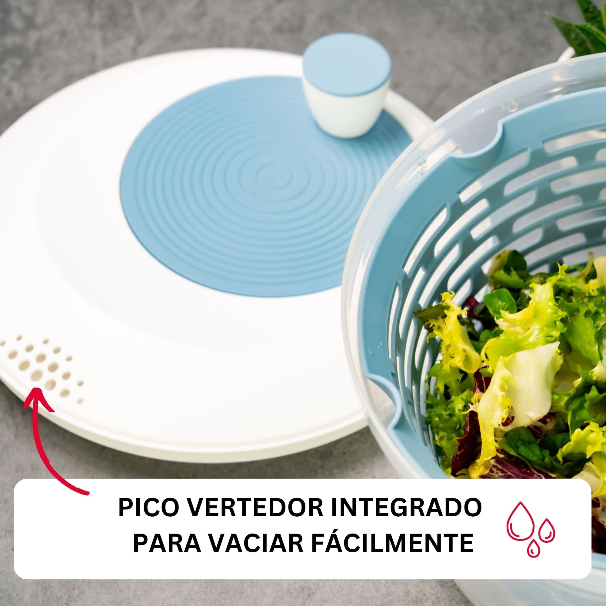Centrifugadora de ensalada Westmark: ideal para lavar, centrifugar y servir ensaladas, ensaladera compacta con tapa y pico vertedor, antideslizante, 4,4 l – plástico, sin BPA