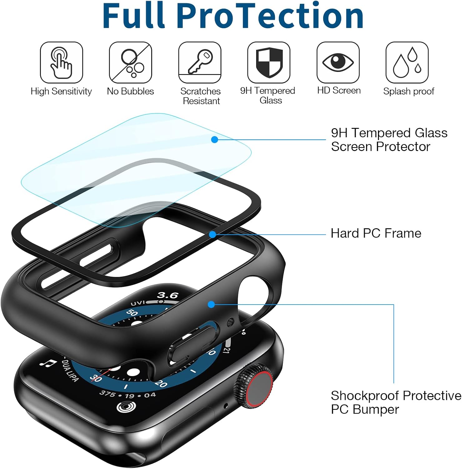 BELONGME [2 Pack] Compatible for Apple Watch Series 8 7 SE 6 5 4 Screen Protector Case 45mm 44mm 41mm 40mm, Waterproof Hard PC Full Protective Cover Bumper for iWatch Case Men Women (45mm Black).