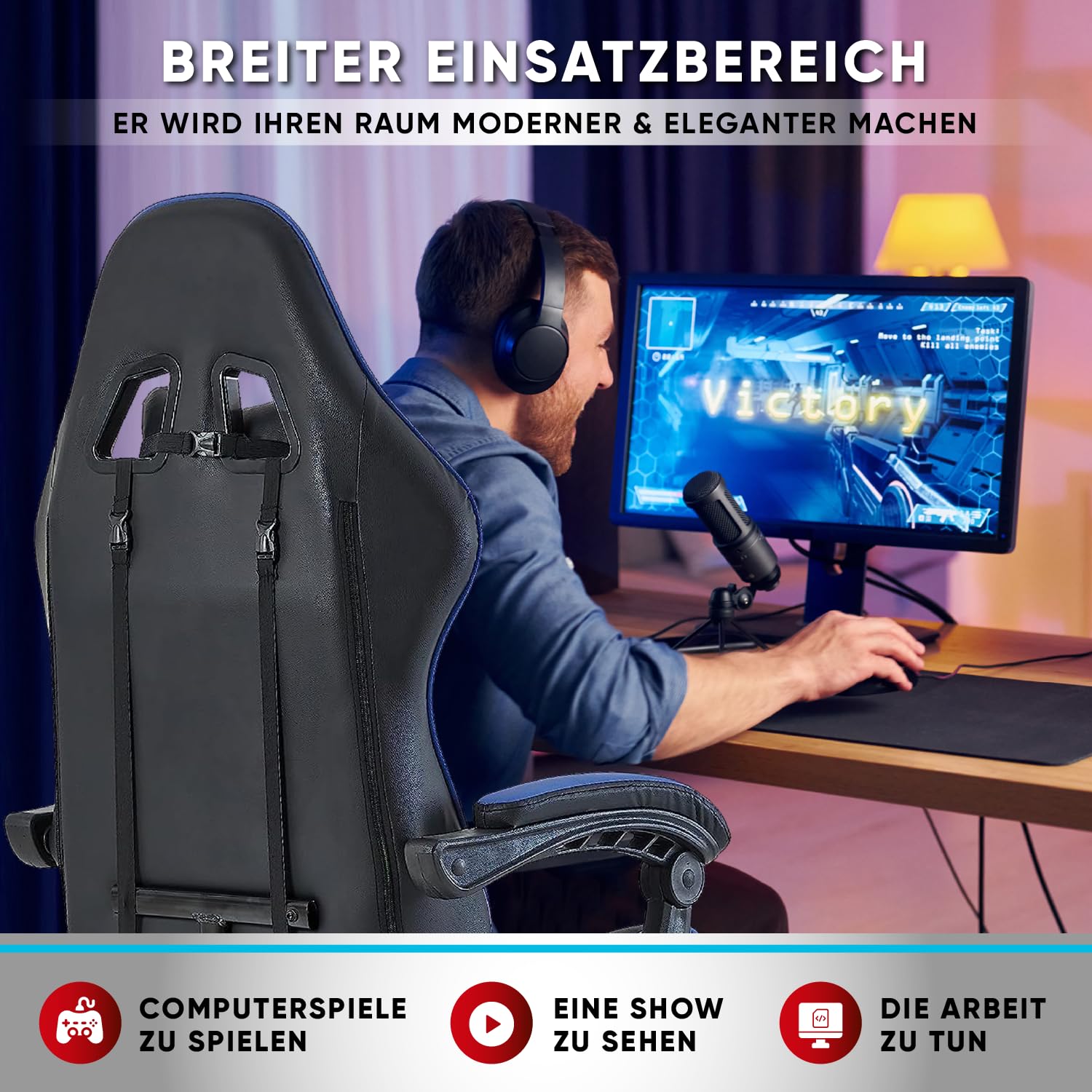 Walden Gaming Stuhl ergonomisch Office Chair bürostühle Gaming Chair Rückenlehne Sitzhöhe verstellbar Drehstuhl Racing Office Computer Ergonomic Video Game Chair (BLAU)