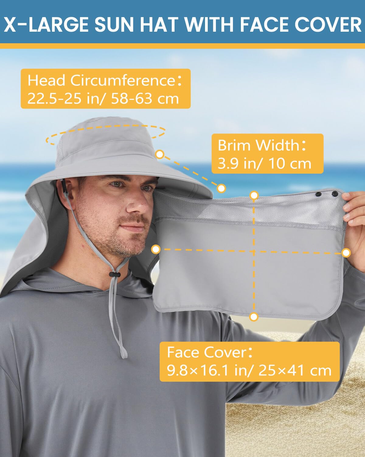 Zylioo Chapeaux de protection UV XXL/XL avec rabat pour le cou, grand chapeau de soleil pour homme avec masque rafraîchissant à large bord pour la pêche