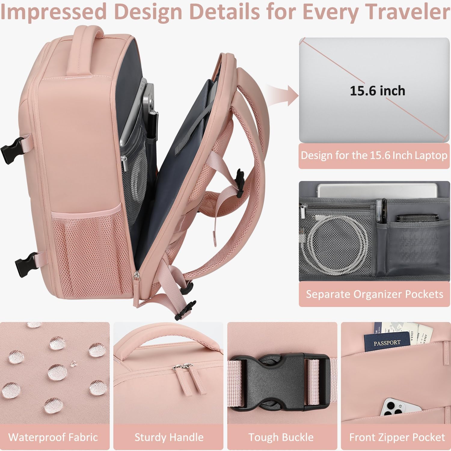 Carry on Backpack for Women TSA Approved 15.6 Inch Travel Laptop Backpack for Women Travel Essentials Womens Travel Backpack Suitcase Pink - Image 4