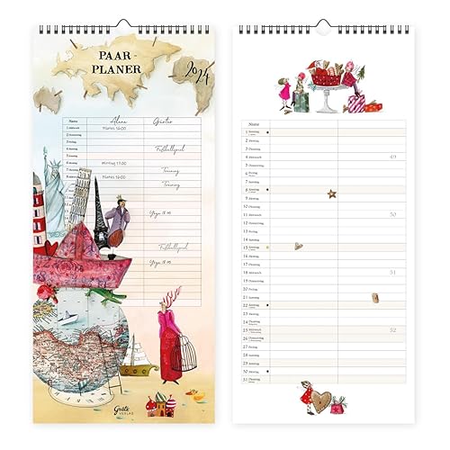Planer für Zwei 2024, Wandkalender mit 2 Spalten I Paarkalender I Wandkalender zum Aufhängen I Übersichtlicher Kalender zum Aufhängen, mit Wochennummern, für zwei Personen