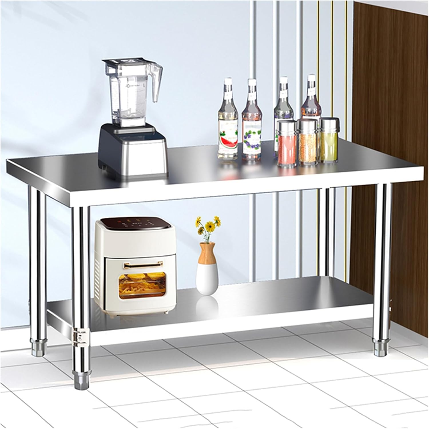 Double-layer Stainless Steel Workbench Commercial Household Chopping Chopping Casework Kitchen Preparation Table Triangular Reinforced Design Open Storage Shelf Sturdy Metal Table