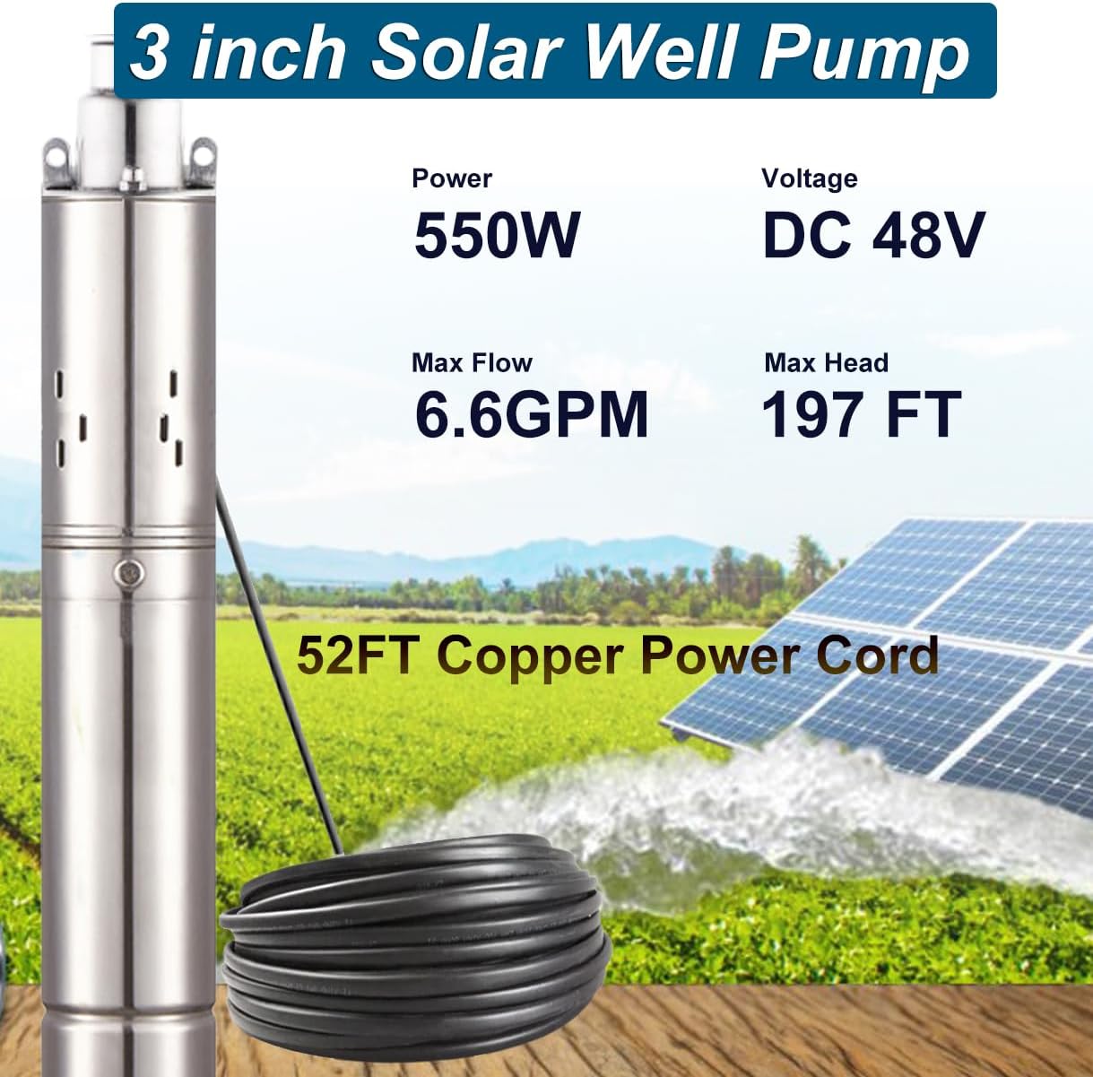 Solar Water Pump, DC Submersible Deep Well Pump, 3 inch Stainless Steel Deep Well Pump with 50ft Power Cord for Industrial Irrigation Household Water Tank Water Supply (48V-550W Well Pump)