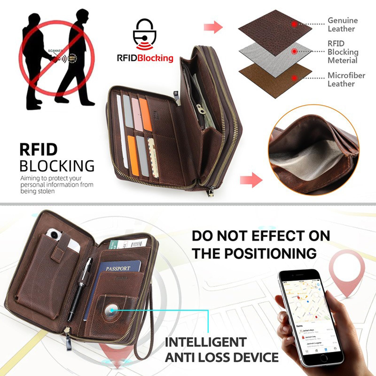 Pełna skóra licowa rodzinny paszport portfel zamek szyfrowy uchwyt podróżny kopertówka organizer na telefon duży nadgarstek zamek błyskawiczny torebka RFID, Brązowy