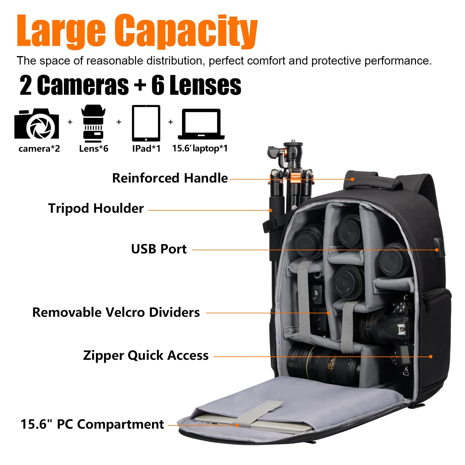 Image secondaire de CADeN Sac à Dos étanche pour Appareil Photo Sac à Dos pour Appareil Photo Reflex Numérique Compatible avec l'objectif et Le trép