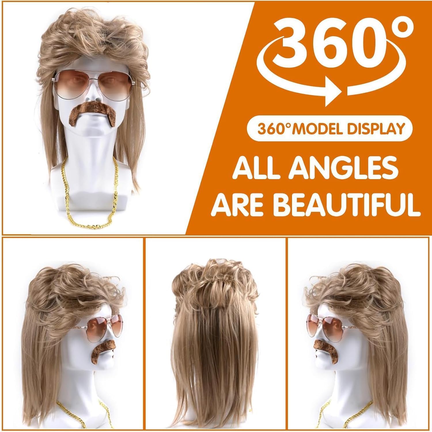 Costume Mullet Anni 70-80 - Parrucca Uomo Con Occhiali, Collana E Baffi Finti Per Halloween - Foto 13