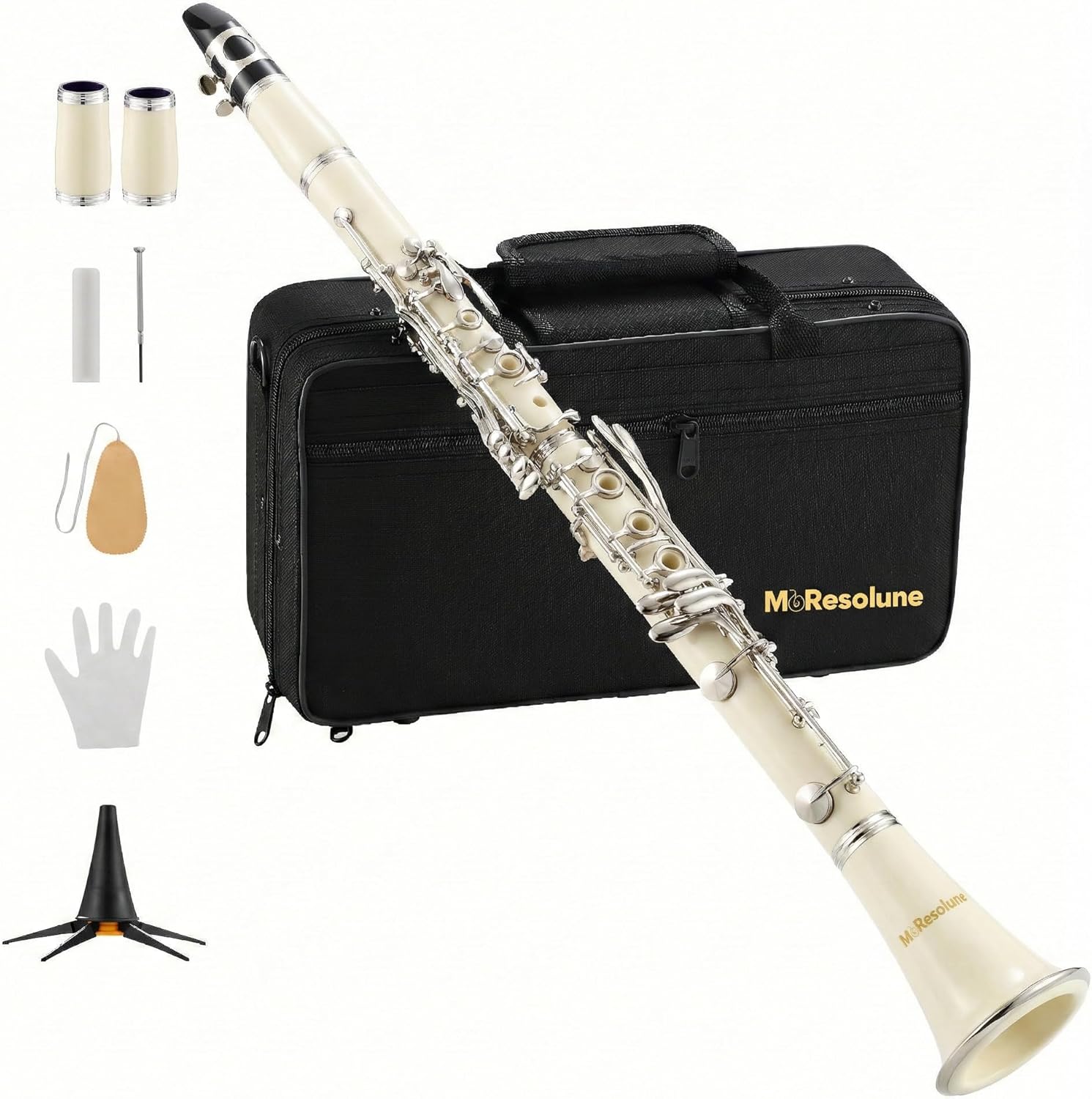 Bb Clarinet for Beginners, Stylish White ABS Body with Silver Plated Keys - Student Clarinet Kit Includes Carrying Case, Foldable Stand, Cleaning Kit & Reeds - Perfect for School Band