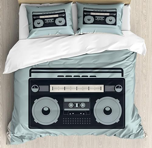 Ambesonne Hip Hop Duvet Cover Set, Classic 1980s Boombox Image on Doodle Retro Background Nostalgic Urban Ghetto Theme, Decorative 3 Piece Bedding