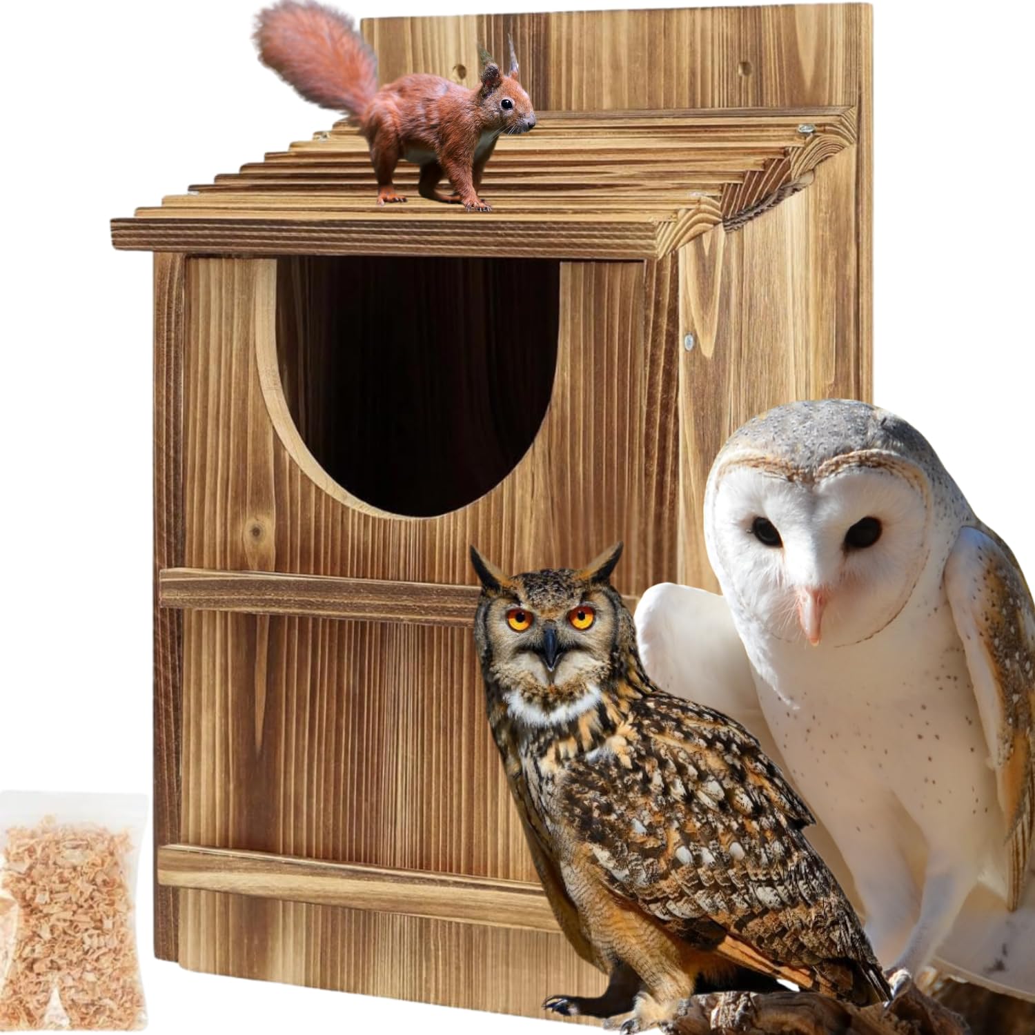 Screech - Caja nido de búho, entrada circular de madera hecha a mano de primera calidad, accesorios de montaje y virutas incluidas, montaje rápido para hábitats al aire libre (marrón, 9 x 14.5