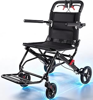 18 Inch Wide Seat Transport Wheelchair – Foldable Lightweight Travel Wheelchair for Seniors, All Terrain Portable Chair, 300lbs Capacity with Brakes, Seat Belt